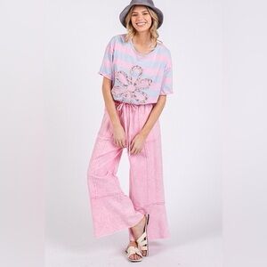 SAGE + FIG Mineral Washed Terry Wide Leg Pants size large pink